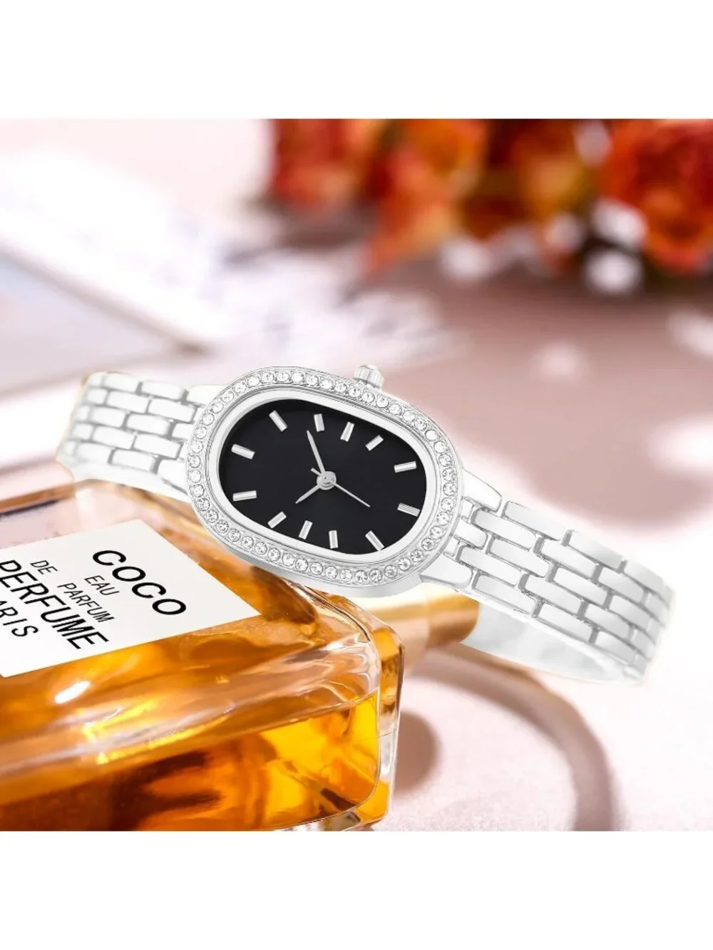 Women Silver And Black Quartz Bracelet Solid Reloj Para Mujer Small Dainty Watch